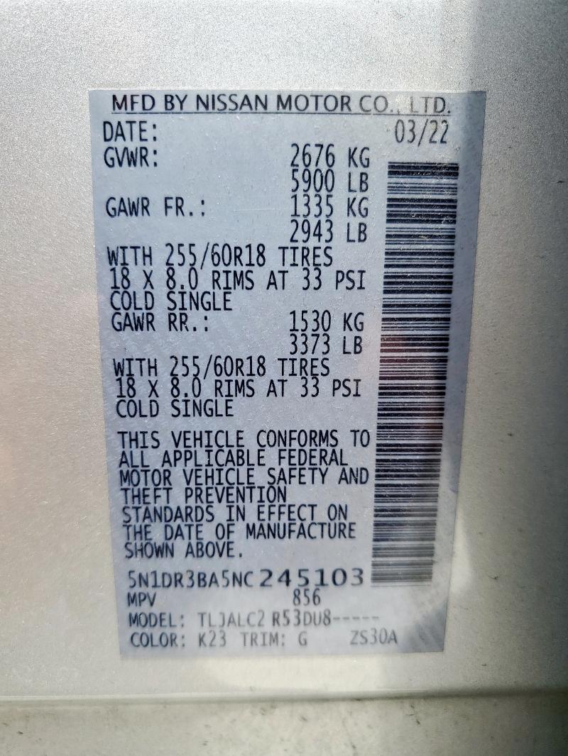 2022 NISSAN PATHFINDER 5N1DR3BA5NC245103