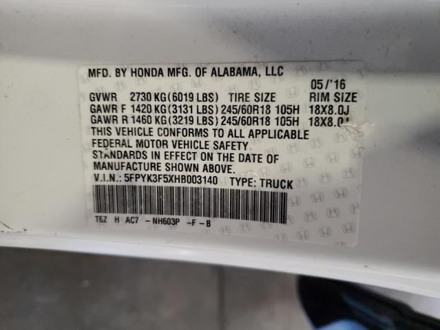 2017 HONDA RIDGELINE 5FPYK3F5XHB003140
