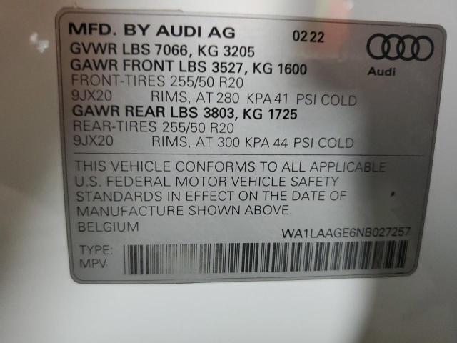 2022 AUDI E-TRON PRE WA1LAAGE6NB027257