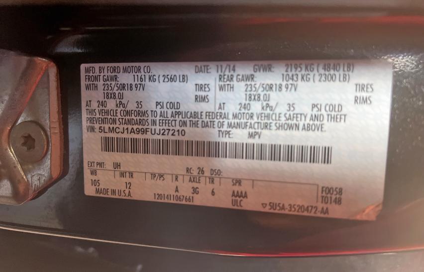 2015 LINCOLN MKC 5LMCJ1A99FUJ27210
