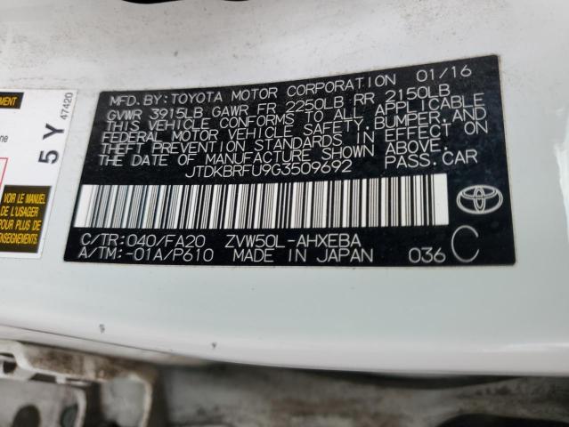 2016 TOYOTA PRIUS JTDKBRFU9G3509692