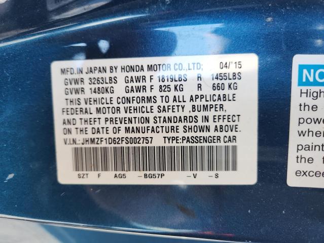 2015 HONDA CR-Z EX JHMZF1D62FS002757
