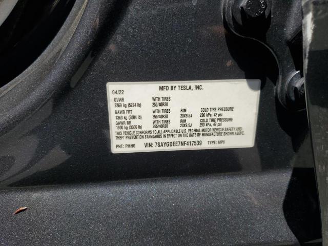 2022 TESLA MODEL Y 7SAYGDEE7NF417539