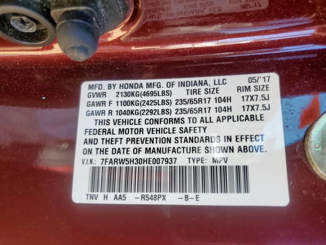 2017 HONDA CR-V LX 7FARW5H30HE007937