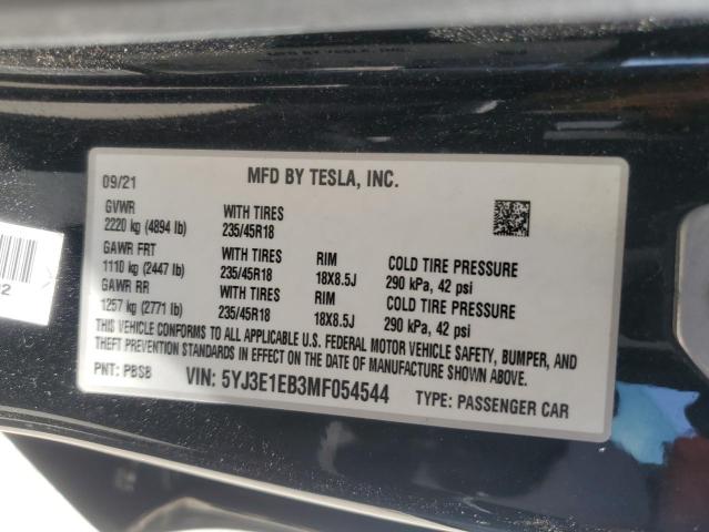 2021 TESLA MODEL 3 5YJ3E1EB3MF054544