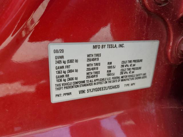 2020 TESLA MODEL Y 5YJYGDEE2LF034635