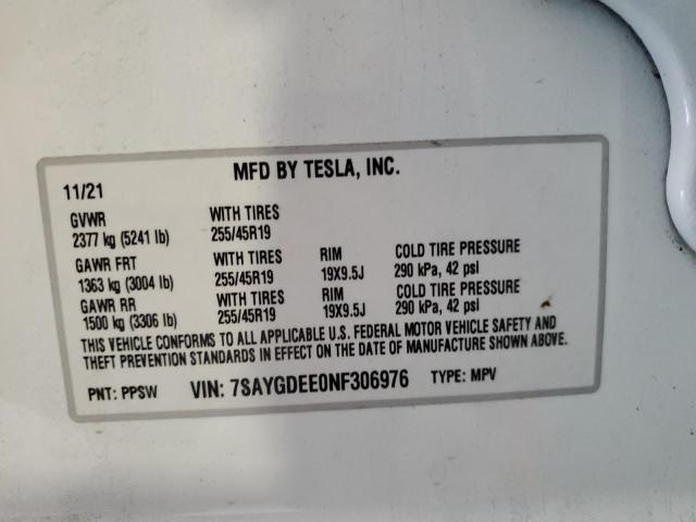 2022 TESLA MODEL Y 7SAYGDEE0NF306976