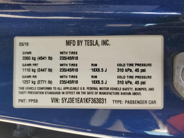 2019 TESLA MODEL 3 5YJ3E1EA1KF363031