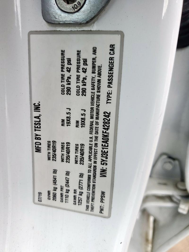 2019 TESLA MODEL 3 5YJ3E1EA0KF428242