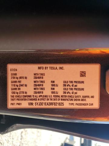 2024 TESLA MODEL 3 5YJ3E1EA3RF821825