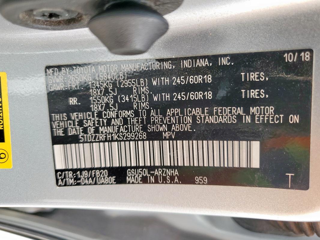 2019 TOYOTA HIGHLANDER 5TDZZRFH1KS299268