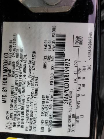 2019 FORD FUSION SEL 3FA6P0CD1KR194972