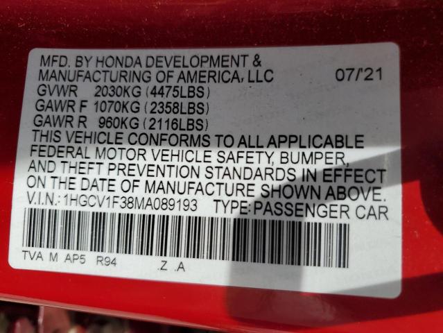 2021 HONDA ACCORD SPORT - 1HGCV1F38MA089193