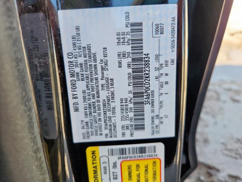 2019 FORD FUSION SEL 3FA6P0CD2KR238834
