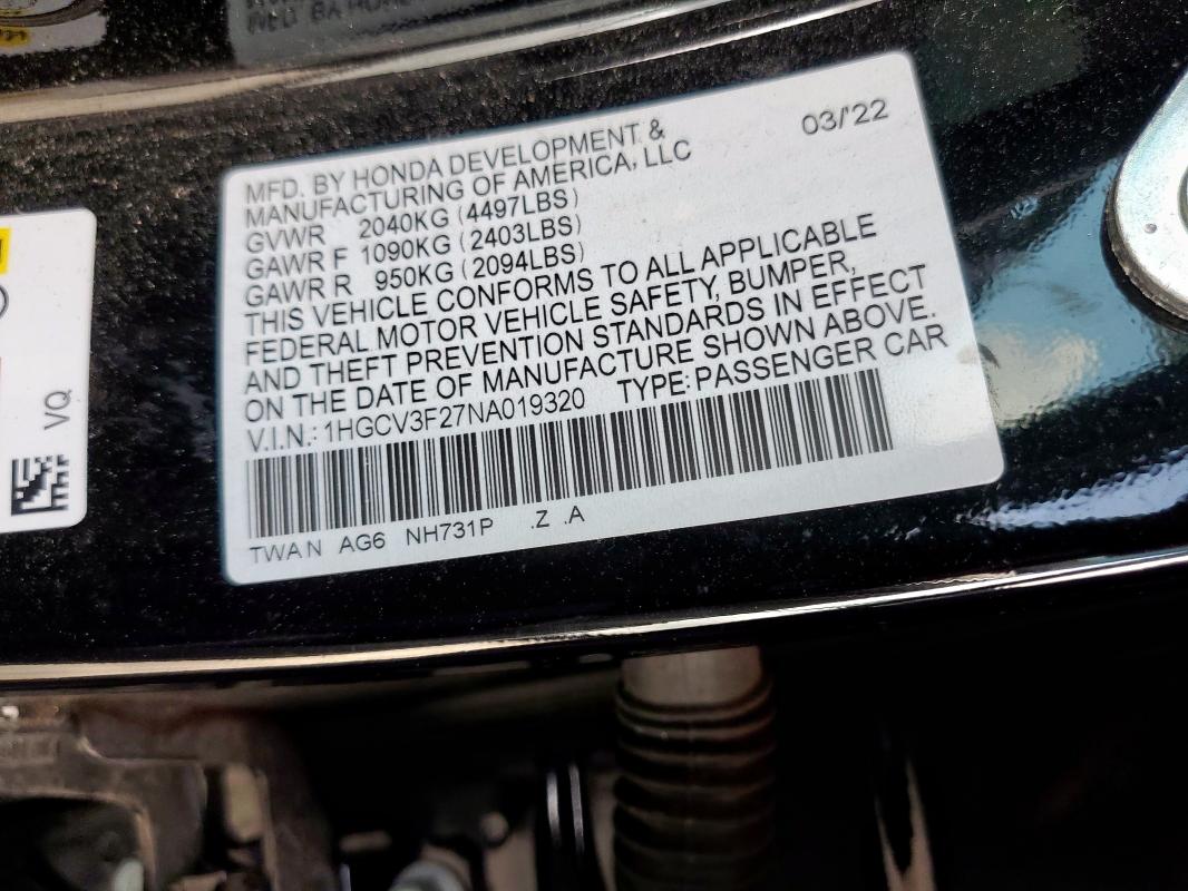 2022 HONDA ACCORD HYBRID SPORT 1HGCV3F27NA019320