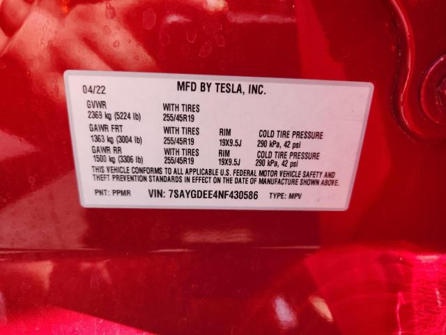 2022 TESLA MODEL Y - 7SAYGDEE4NF430586