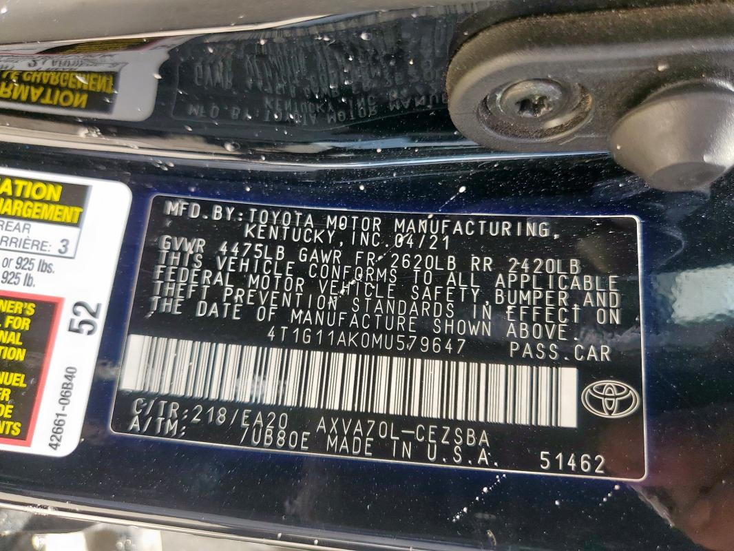 2021 TOYOTA CAMRY SE - 4T1G11AK0MU579647