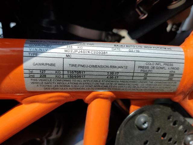 2019 KTM 390 DUKE MD2JPJ402KC209381