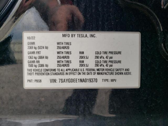 2022 TESLA MODEL Y 7SAYGDEE1NA019370