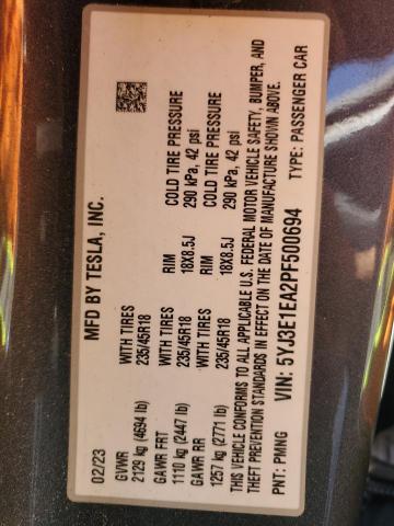 2023 TESLA MODEL 3 5YJ3E1EA2PF500694