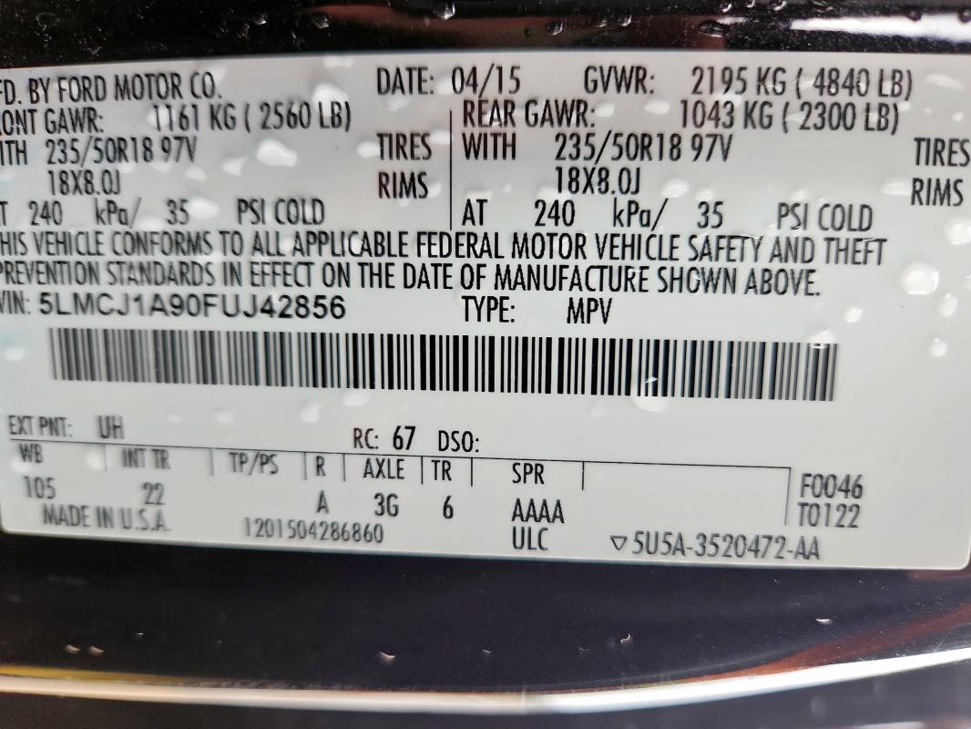 2015 LINCOLN MKC 5LMCJ1A90FUJ42856