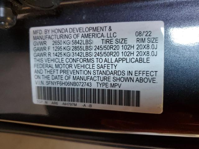 2022 HONDA PILOT ELIT 5FNYF6H06NB072743