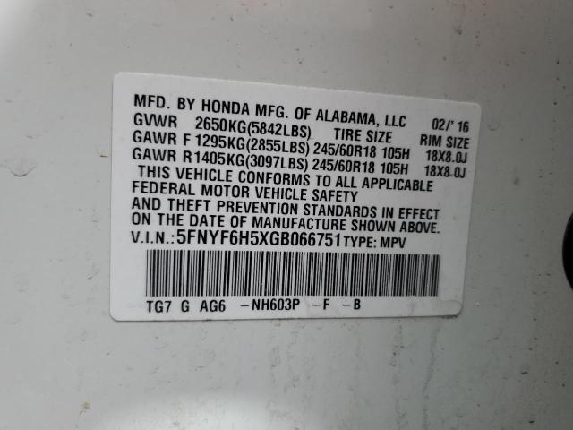 2016 HONDA PILOT EXL 5FNYF6H5XGB066751