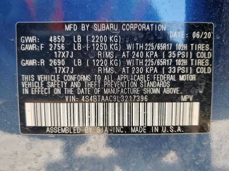 2020 SUBARU OUTBACK 4S4BTAAC9L3217396