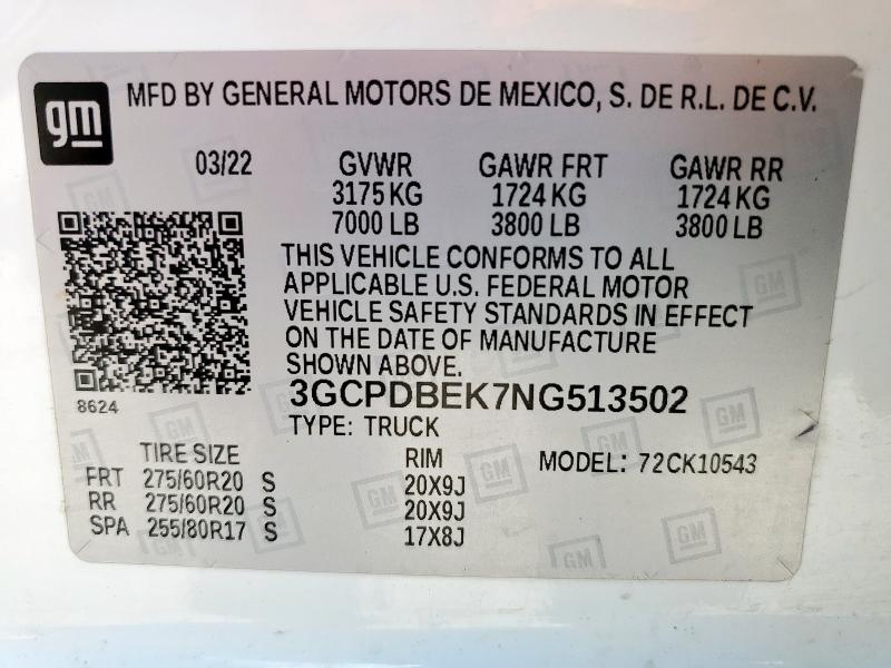 2022 CHEVROLET SILVERADO - 3GCPDBEK7NG513502