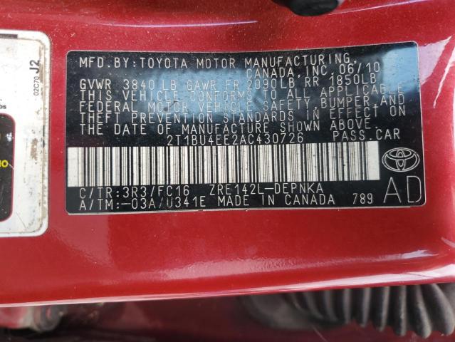 2010 TOYOTA COROLLA BA - 2T1BU4EE2AC430726