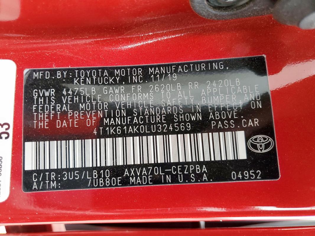 2020 TOYOTA CAMRY XSE 4T1K61AK0LU324569