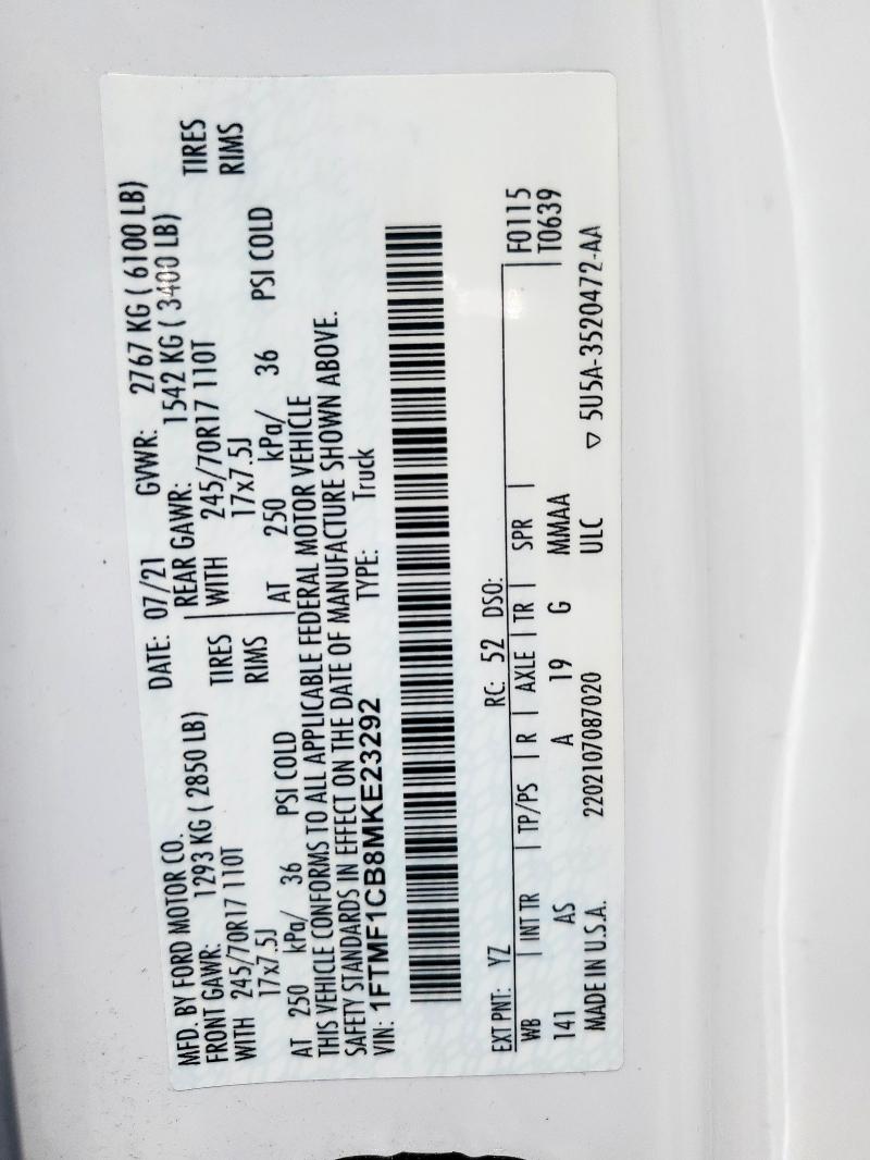 2021 FORD F150 - 1FTMF1CB8MKE23292