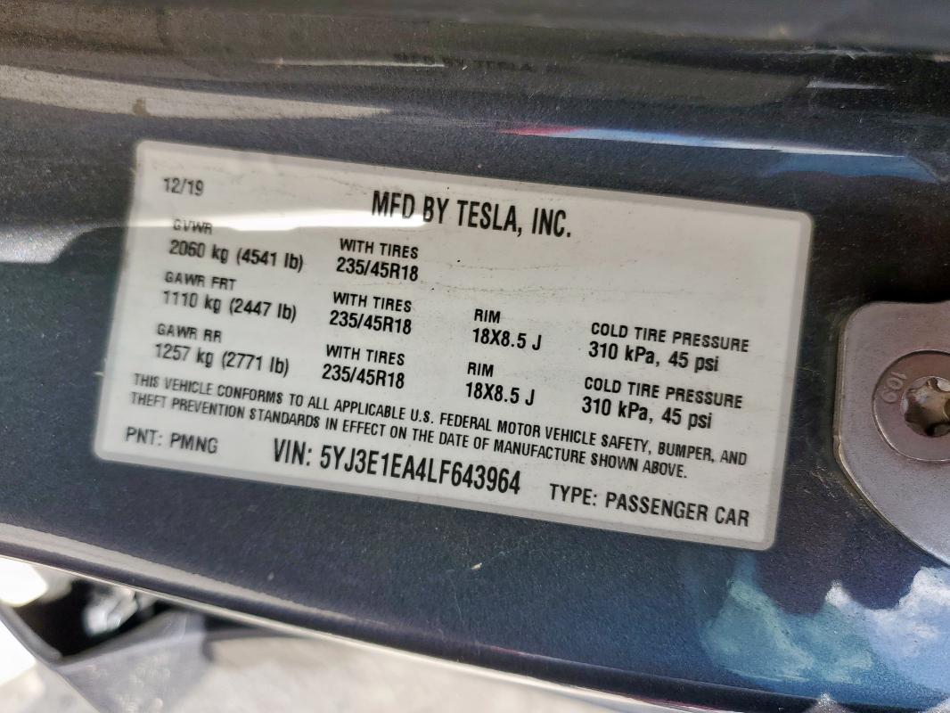 2020 TESLA MODEL 3 - 5YJ3E1EA4LF643964