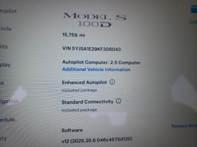 2019 TESLA MODEL S 5YJSA1E29KF306043