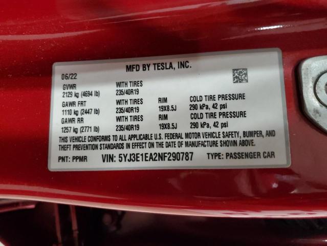 2022 TESLA MODEL 3 5YJ3E1EA2NF290787
