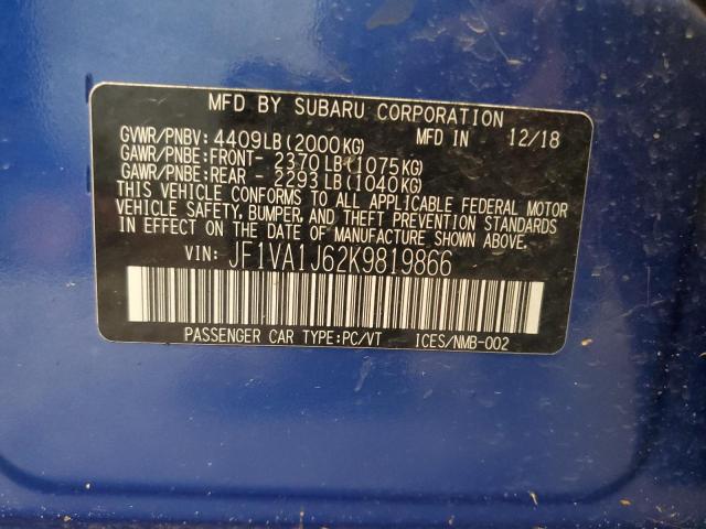 2019 SUBARU WRX LIMITE JF1VA1J62K9819866