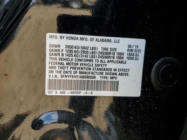 2019 HONDA PILOT EXL 5FNYF6H51KB090509