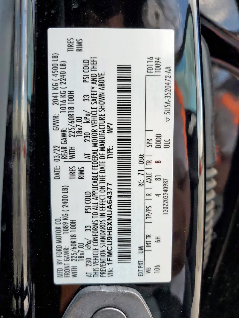 2022 FORD ESCAPE SEL 1FMCU9H6XNUA64377