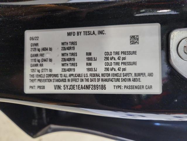 2022 TESLA MODEL 3 5YJ3E1EA4NF289186