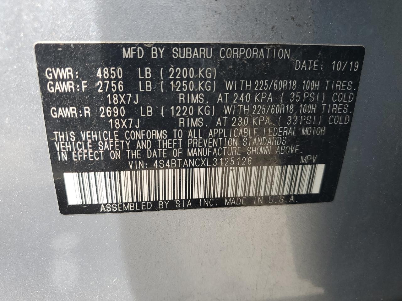 Lot #3304555441 2020 SUBARU OUTBACK LI