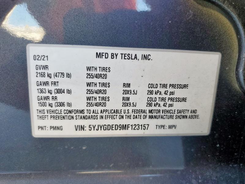 2021 TESLA MODEL Y 5YJYGDED9MF123157