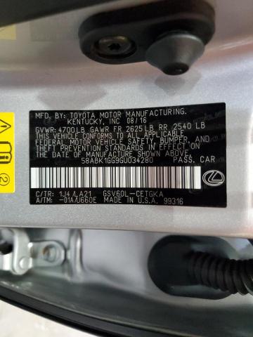 2016 LEXUS ES 350 58ABK1GG9GU034280