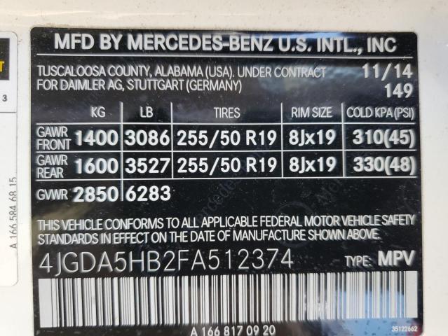 2015 MERCEDES-BENZ ML 350 4MA 4JGDA5HB2FA512374