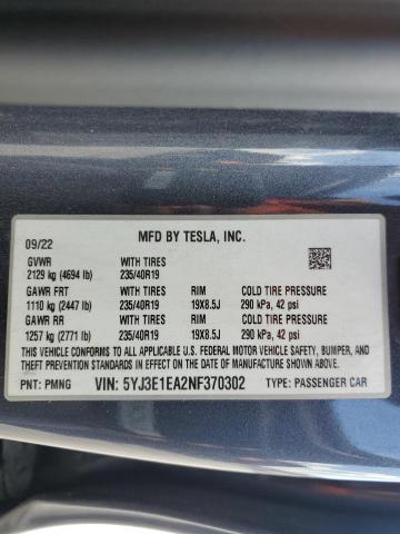 2022 TESLA MODEL 3 5YJ3E1EA2NF370302