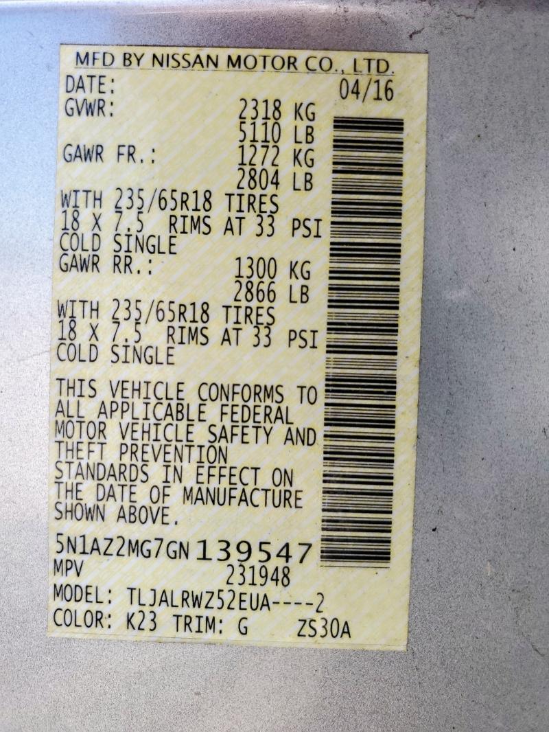 2016 NISSAN MURANO S 5N1AZ2MG7GN139547