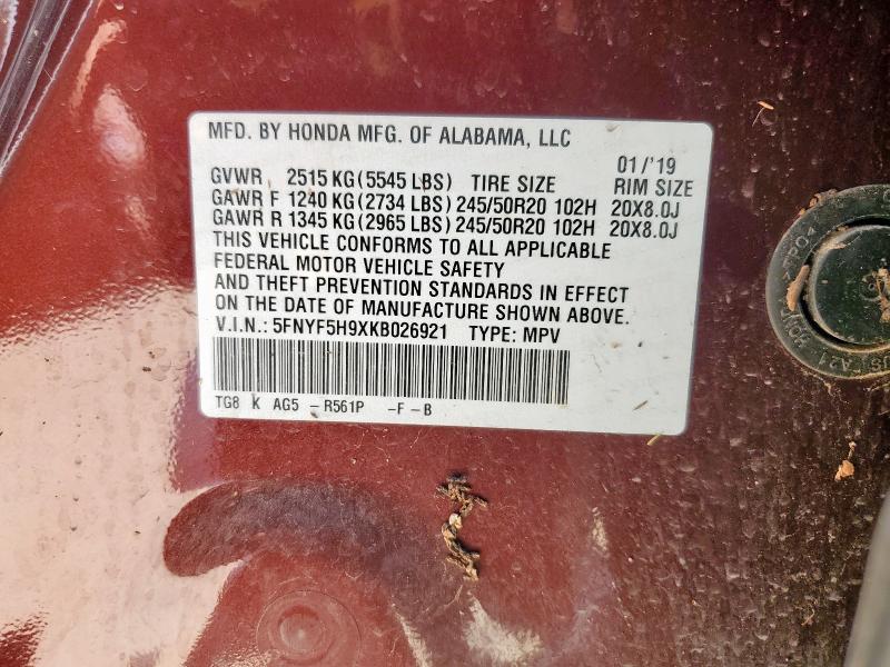 2019 HONDA PILOT TOUR 5FNYF5H9XKB026921