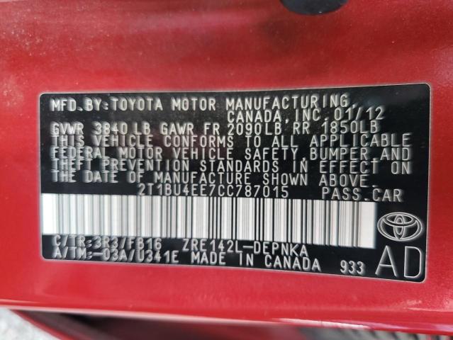 2012 TOYOTA COROLLA BA - 2T1BU4EE7CC787015