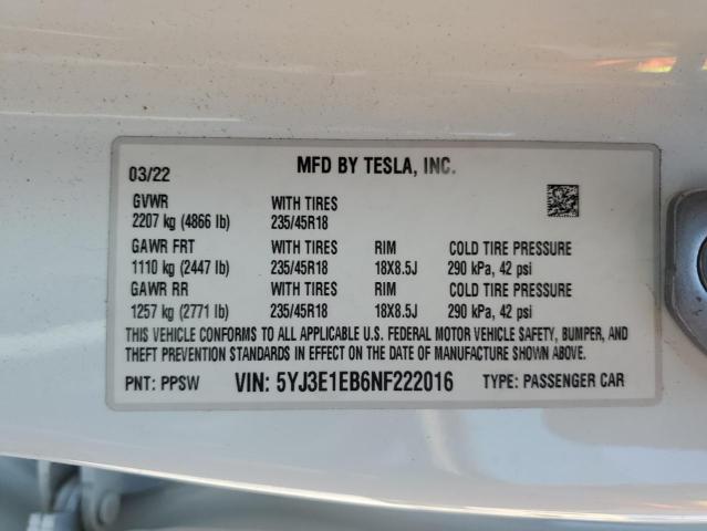 2022 TESLA MODEL 3 5YJ3E1EB6NF222016