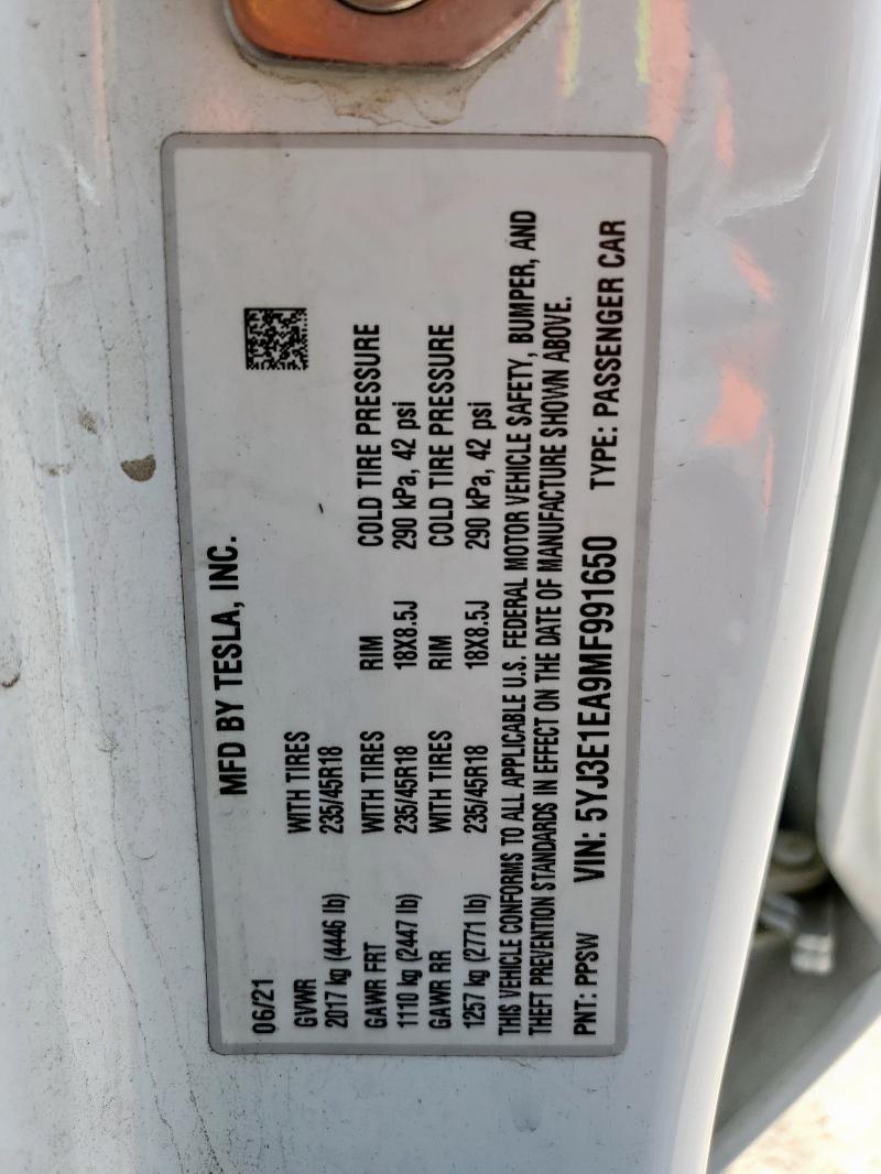 2021 TESLA MODEL 3 5YJ3E1EA9MF991650