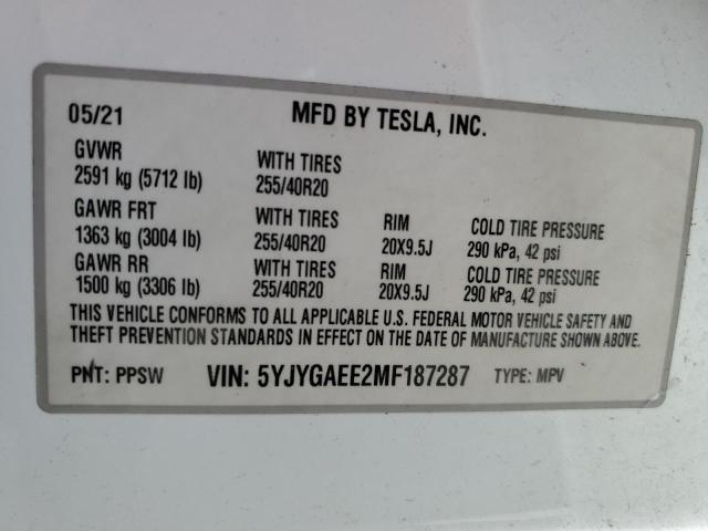 2021 TESLA MODEL Y 5YJYGAEE2MF187287